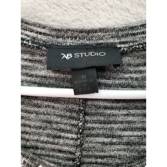 AB Studio Blouse Top Womens Size Medium Gray Striped Knit Rhinestone Round Neck - Picture 6 of 6